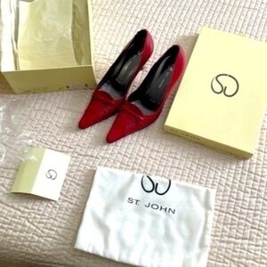 St. John suede leather shoes red patent leather 3” heel original box & dust bag